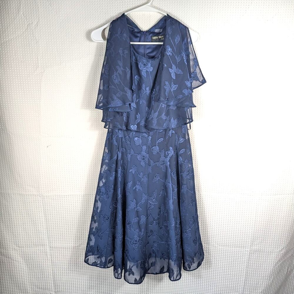 Gabby Skye 10 Blue Floral Chiffon Overlay Sleeveless Midi Dress Lined Event